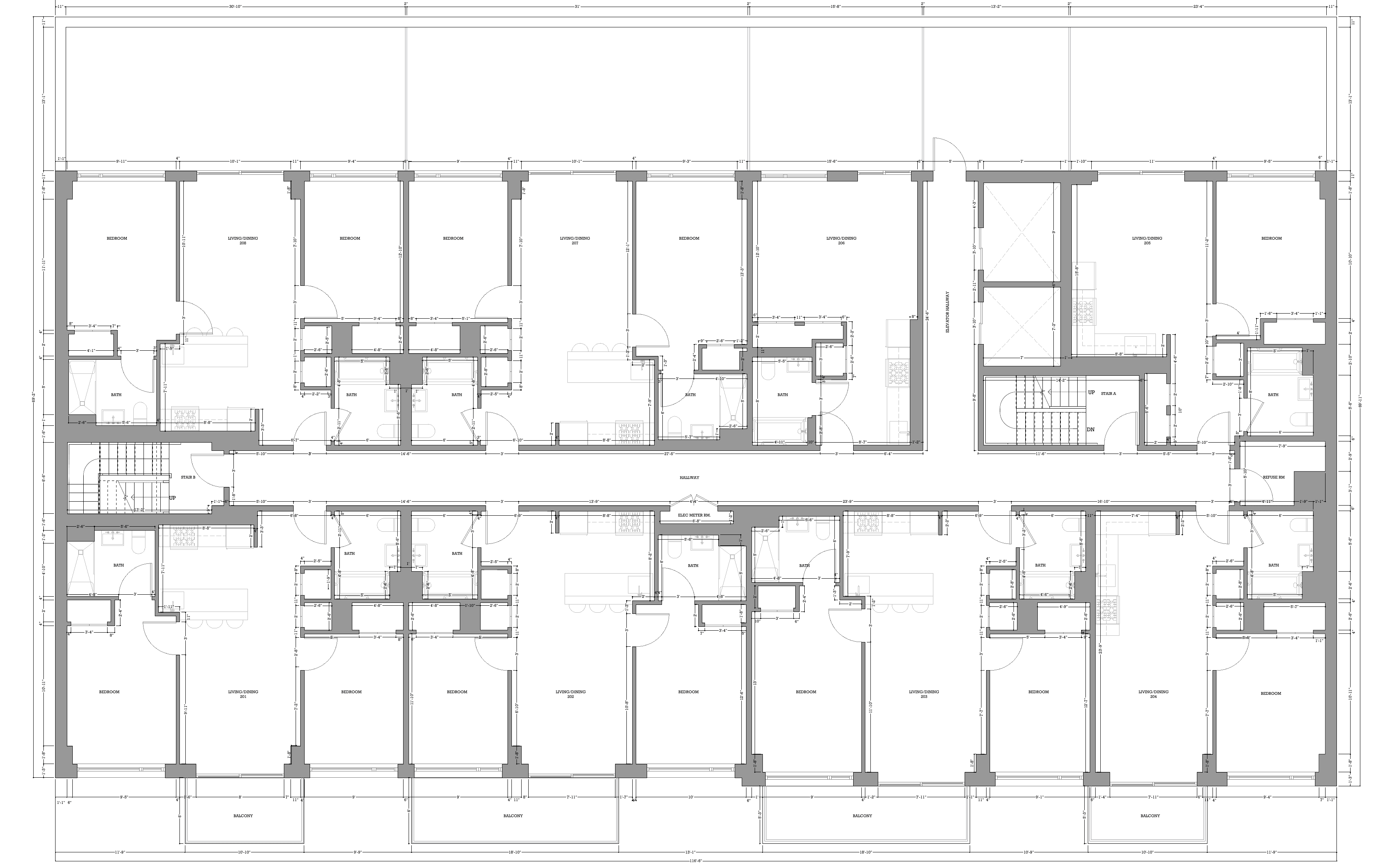 Architectural floor plan for floors 2 to 5: eight residences arranged around a central hallway, with balconies front and back