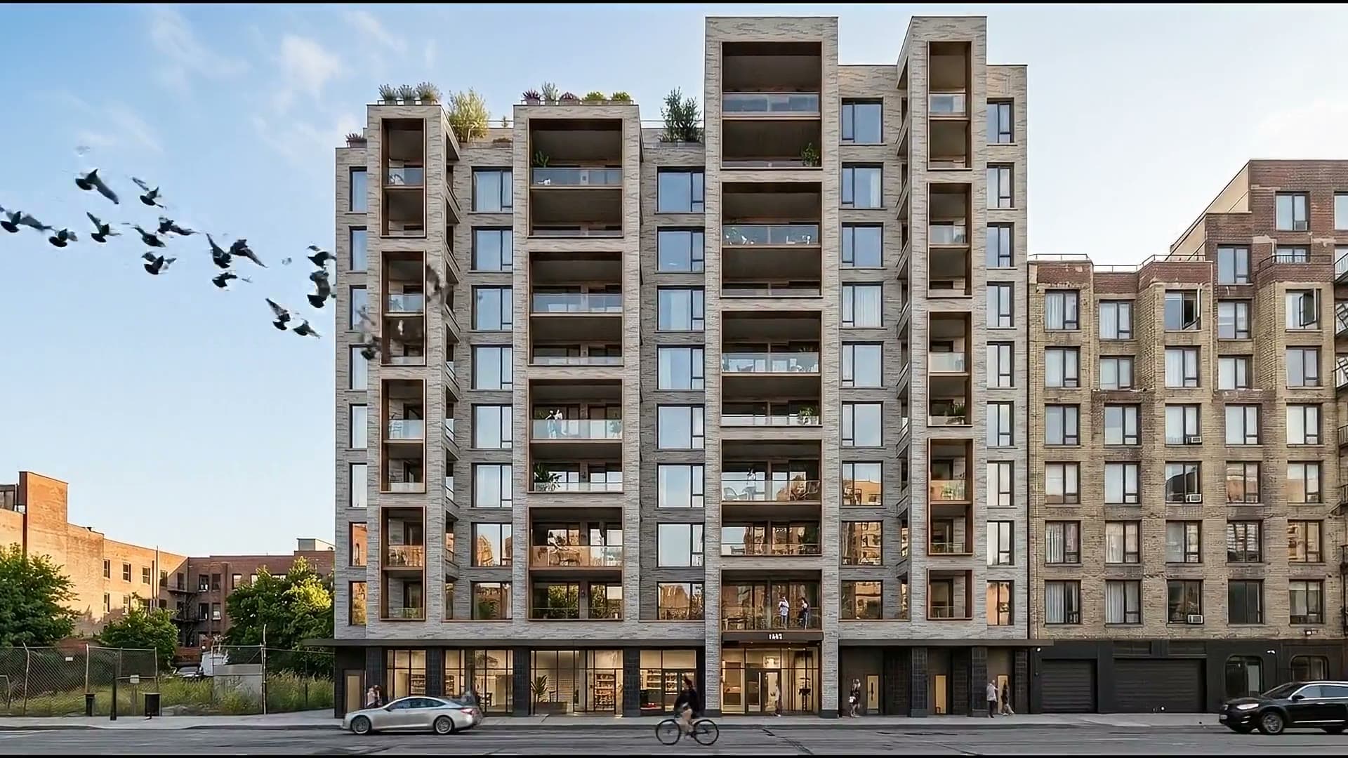 Ten Sixty Pacific — the Roman-brick facade rising over Pacific Street