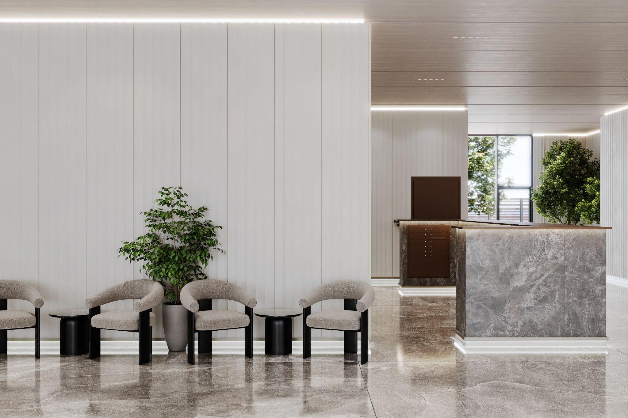 render · attended lobby, fireplace