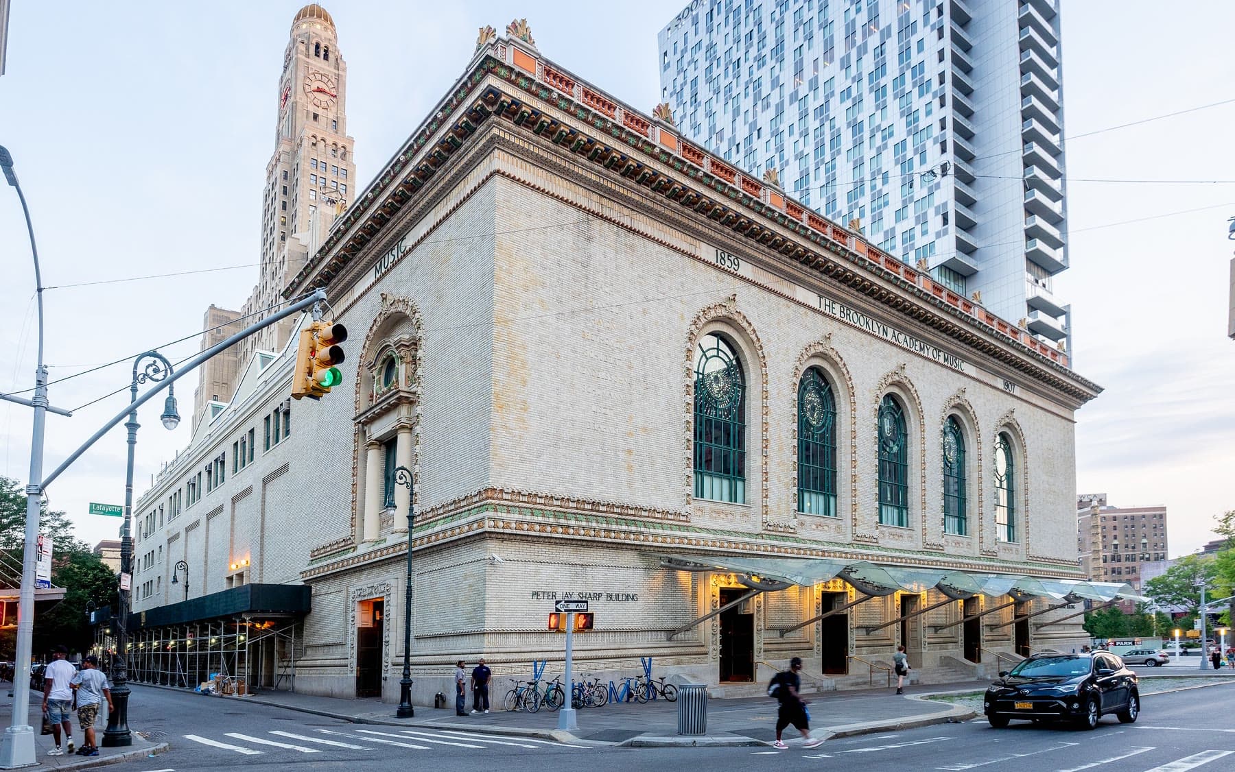 The Peter Jay Sharp Building at the Brooklyn Academy of Music at dusk